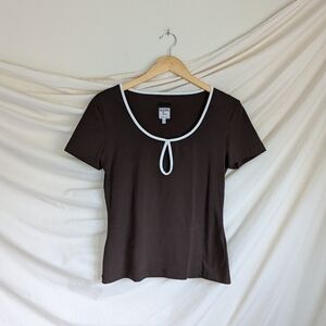 MOSCHINO Chocolate Brown White Trim Cutout Short Sleeve Stretchy Tee L 14